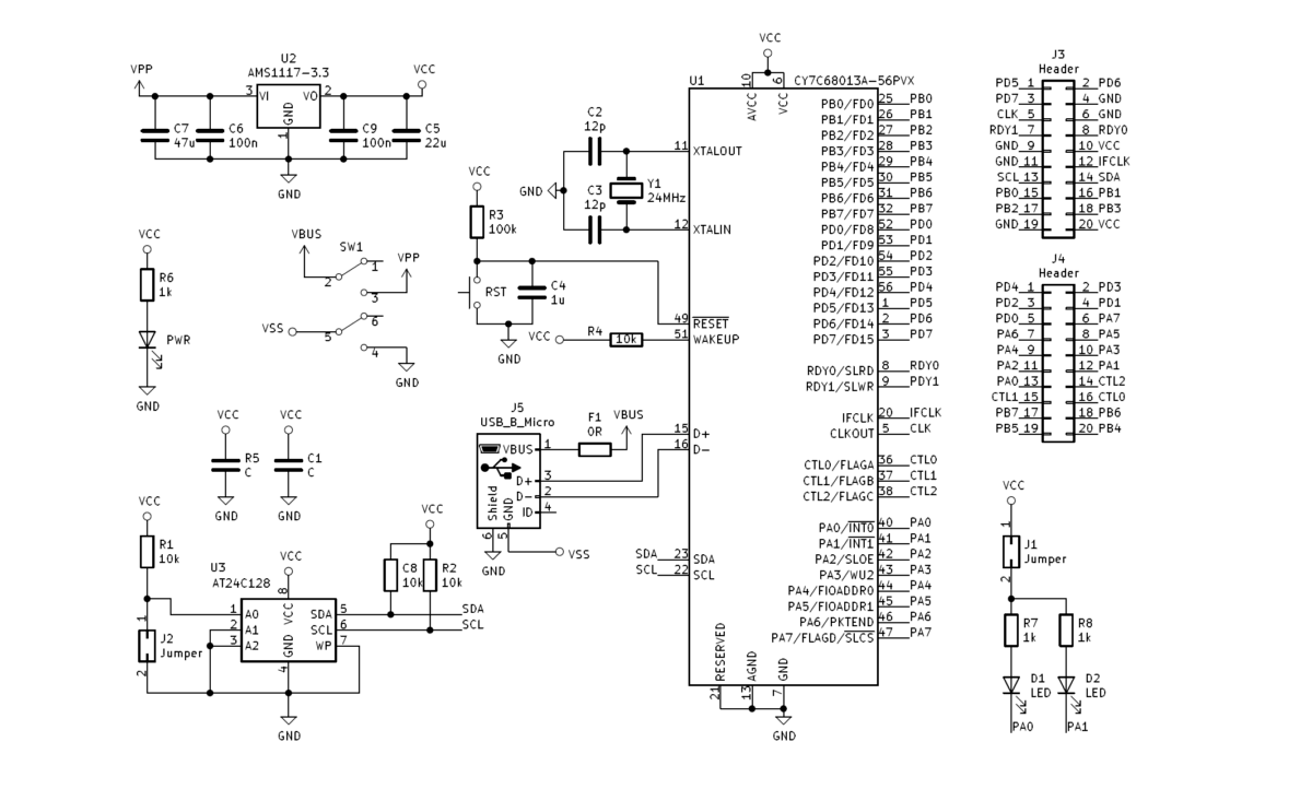 CY7C68013A mini board schematic used for DSP I2C programming