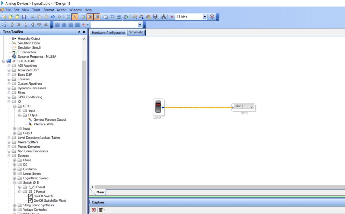 DSP SigmaStudio LED toggle schematic