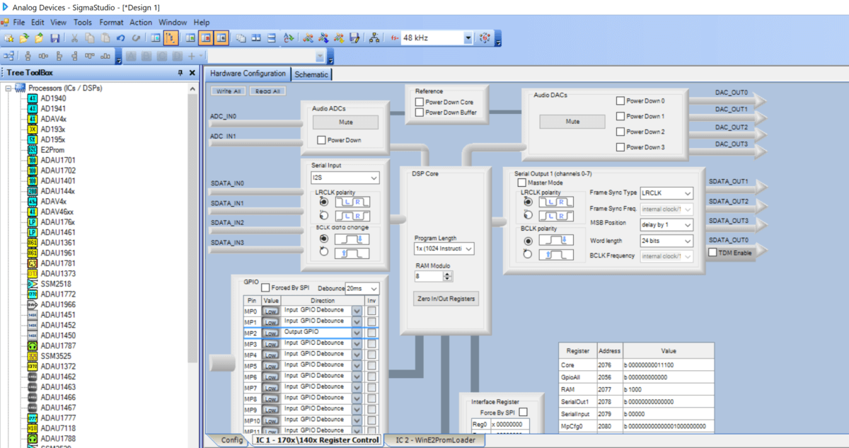 DSP SigmaStudio Register Control Tab