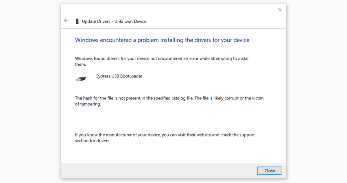freeUSBi driver update install error windows 10