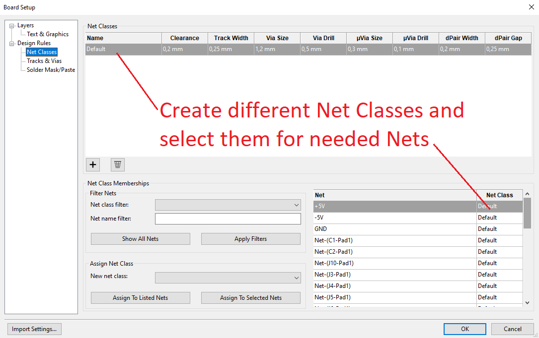 Net Classes Settings