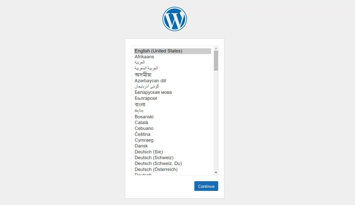 Wordpress first configuration screen