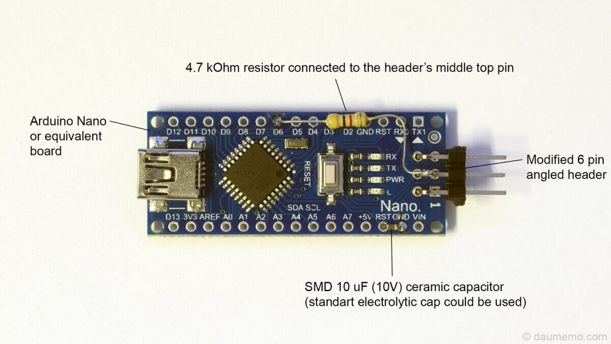 Nano board with soldered modified 6 pin header 4k7 resistor and 10u capacitor top view