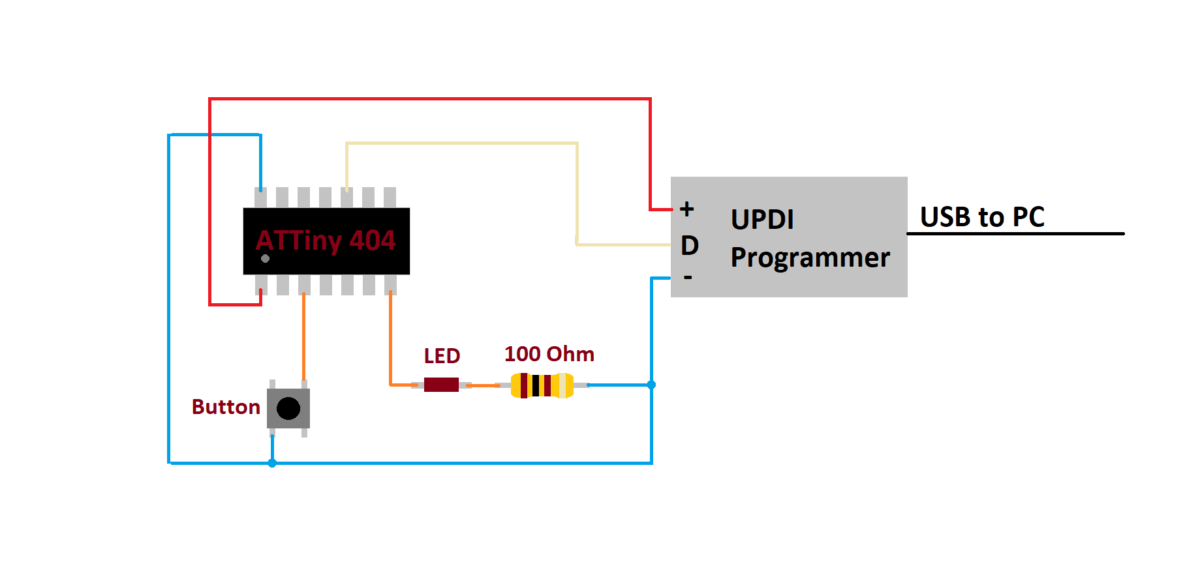 Attiny404 button led connection schematic for GPIO tutorial